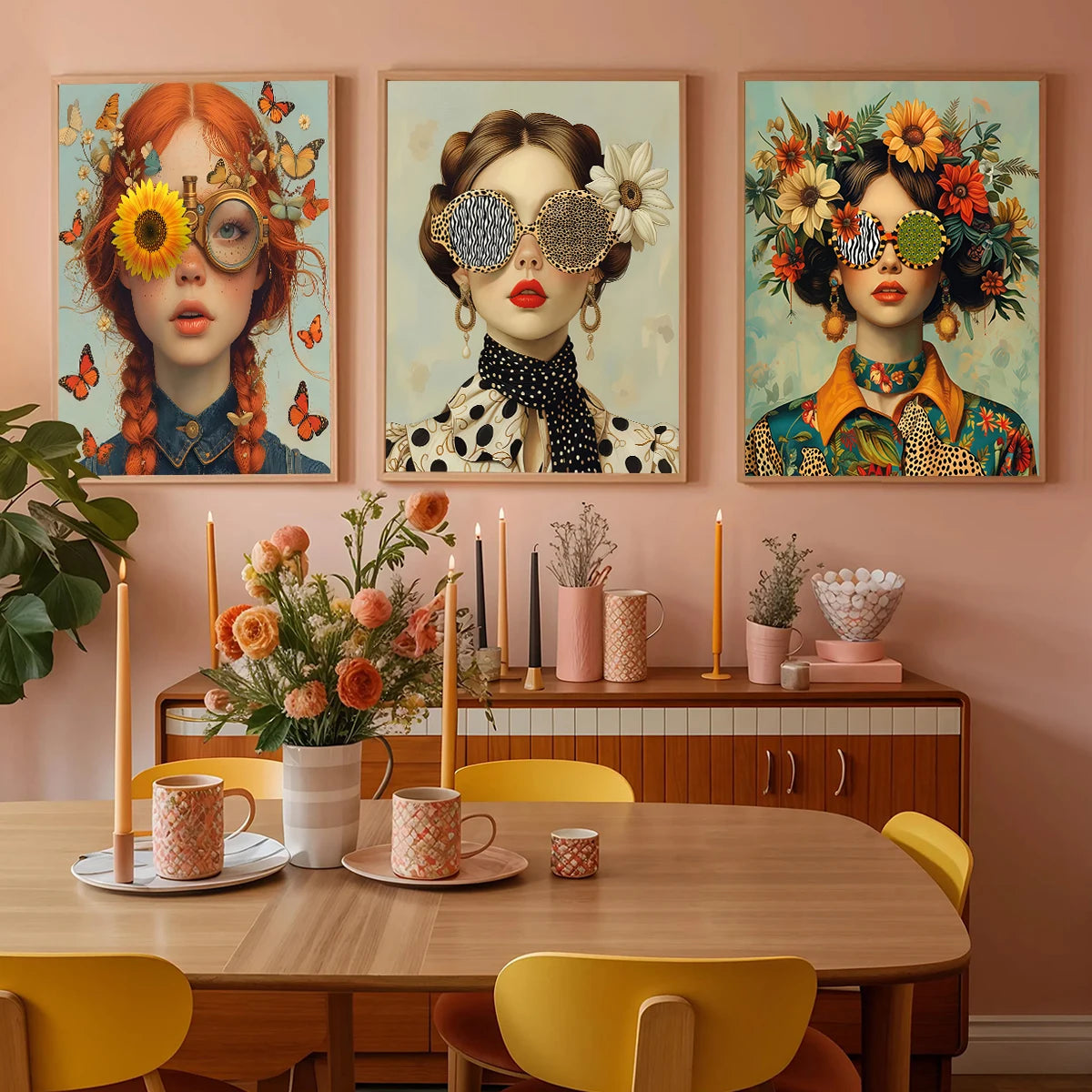 3pcs Nordic Boho Fashion Glasses Woman with Flowers Wall Art Canvas Painting Butterfly Girl Portrait Poster Prints Mural Picture Peaceful Pleasures Health and Wellness ZLH3129-ADE-3PCS 30x40cm Unframed