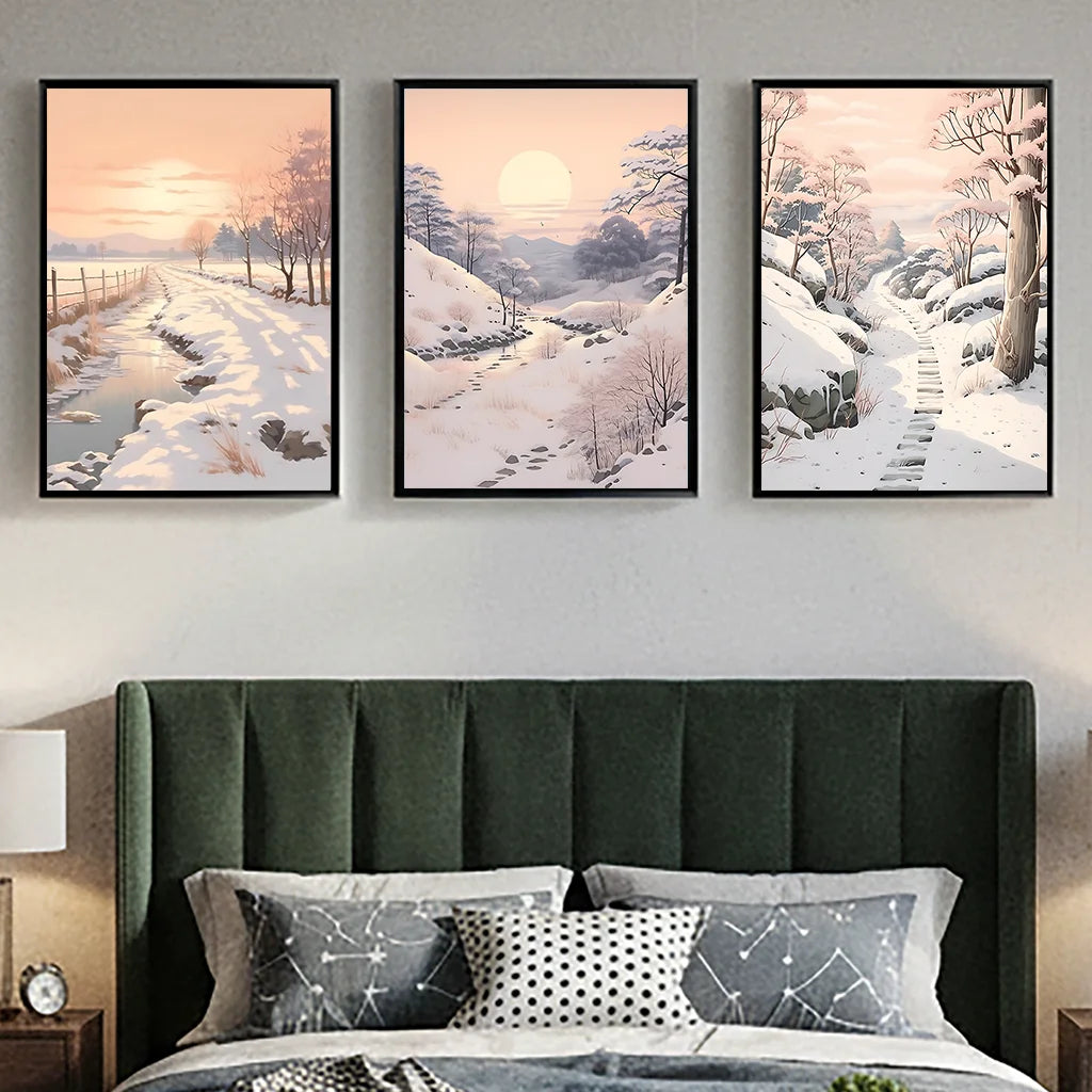 Winter Landscape Wall Art, Snowy Forest Plant Canvas Painting, Nordic Cozy Season Poster Print for Bedroom Living Room Decor Peaceful Pleasures Health and Wellness