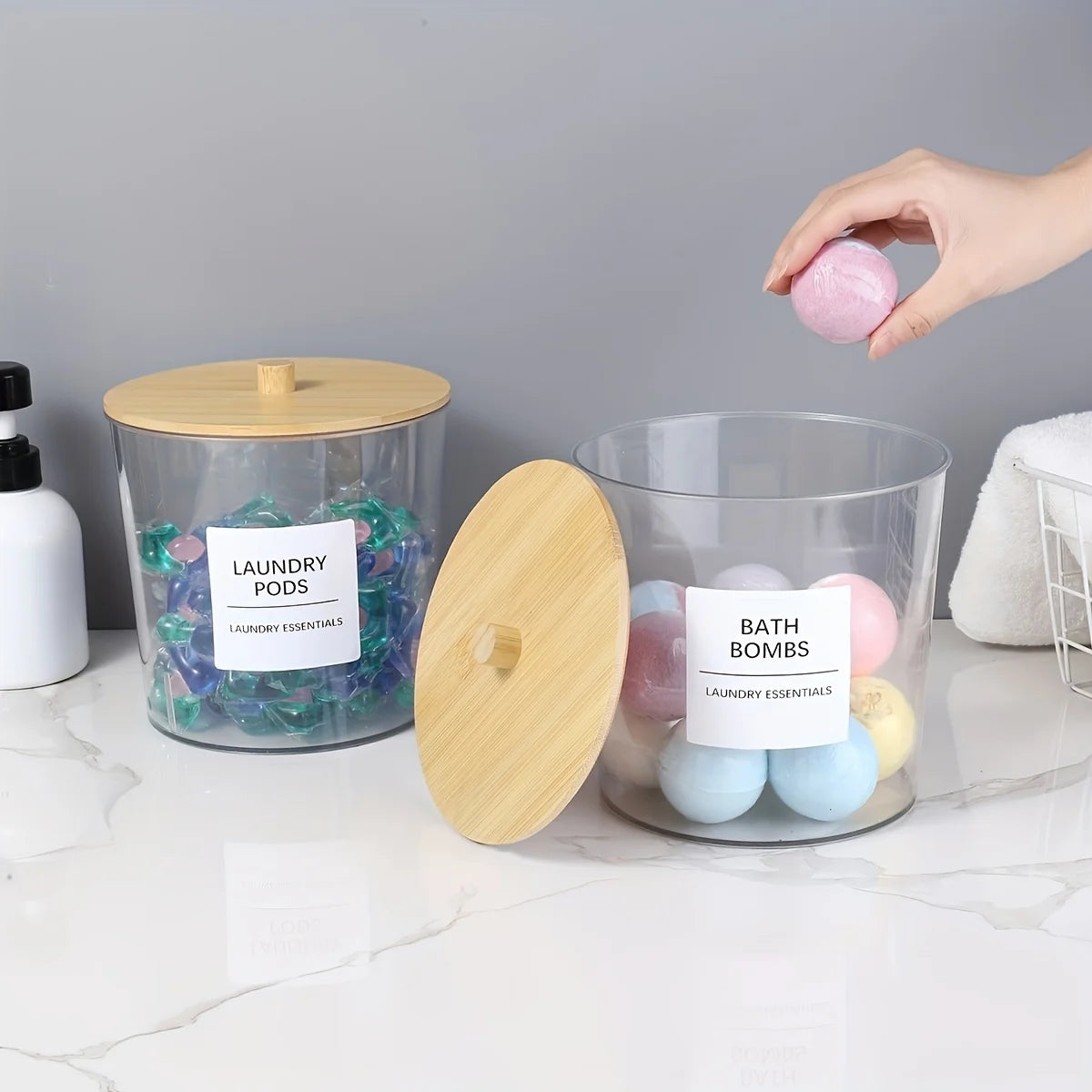 2pc Laundry Detergent Storage Jars with Labels – Plastic Washing Powder & Laundry Pod Container Set