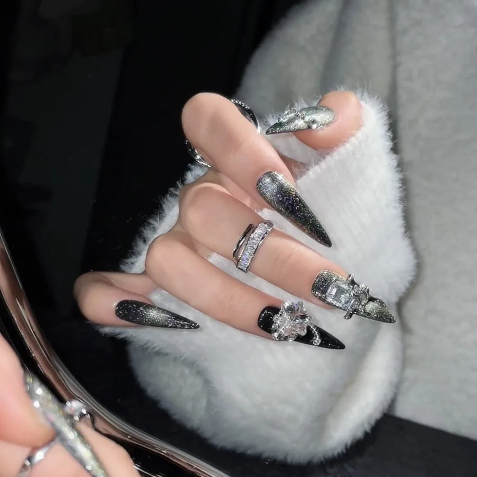 Handmade Press on Nails Punk Cool European False Nails Heavy Metal Angel Skull Decor Long Pointed Black Fake Nail Patches Peaceful Pleasures Health and Wellness