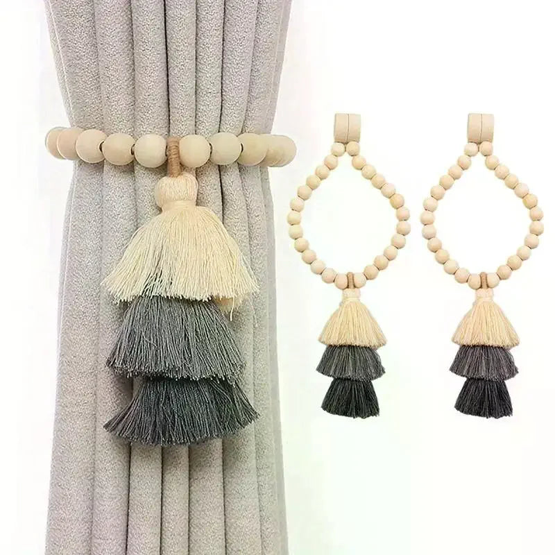 Bohemian Wooden Bead Curtain Tie Backs with Tassel & Magnet – 2Pcs Curtain Tie Backs Peaceful Pleasures Health and Wellness