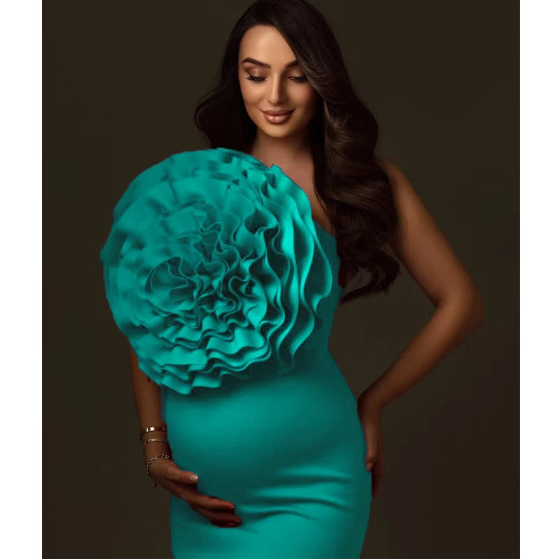 Red Maternity Photoshoot Dress - Stretch Polyester Bodycon Gown with Oversized Handmade Flowers - Baby Shower & Pregnancy Photo Peaceful Pleasures Health and Wellness turquoise US 20