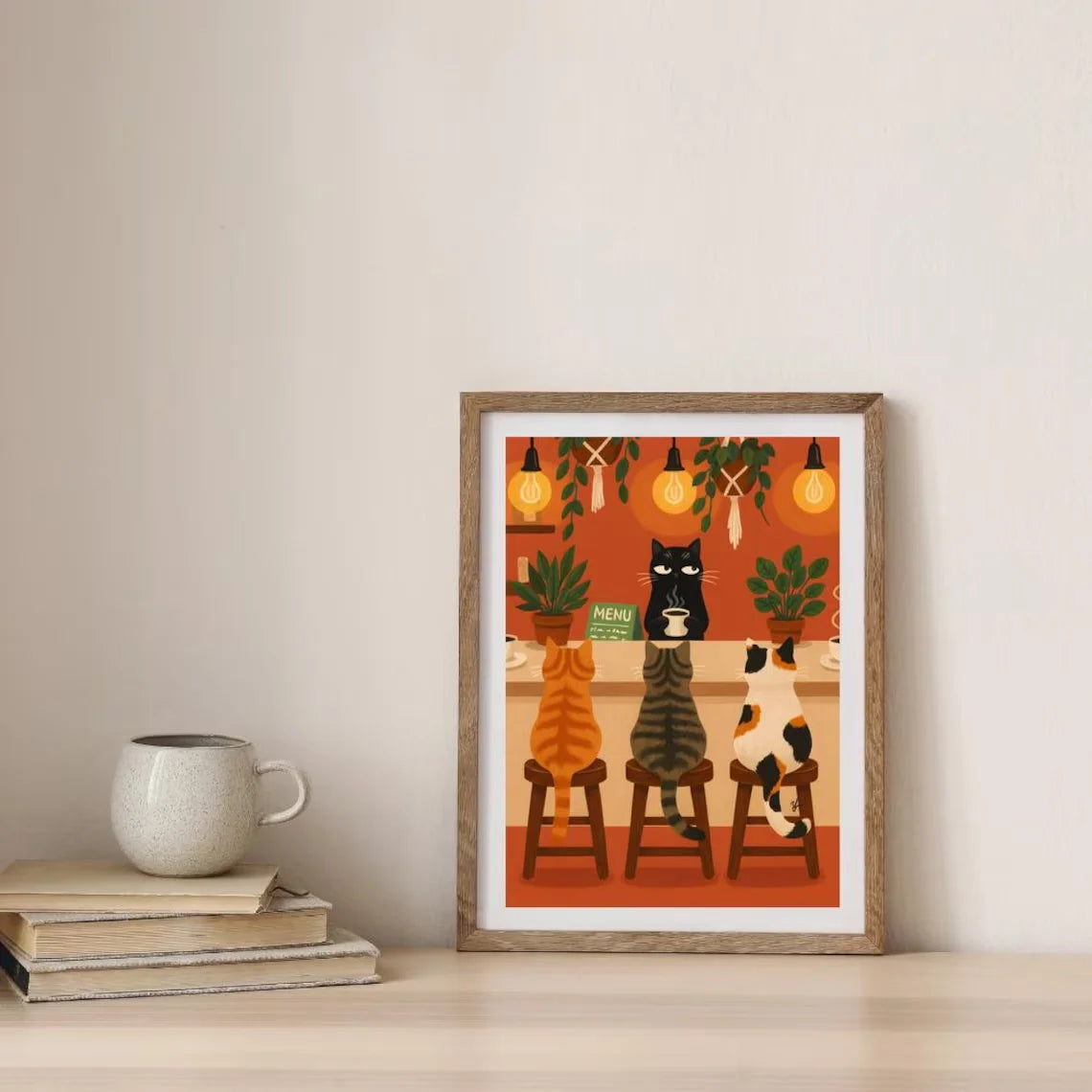 Whimsical Cat Cafe Illustration Poster, Retro Kitchen Wall Art With Tabby, Calico, And Black Barista Cats High Resolution Digita Peaceful Pleasures Health and Wellness