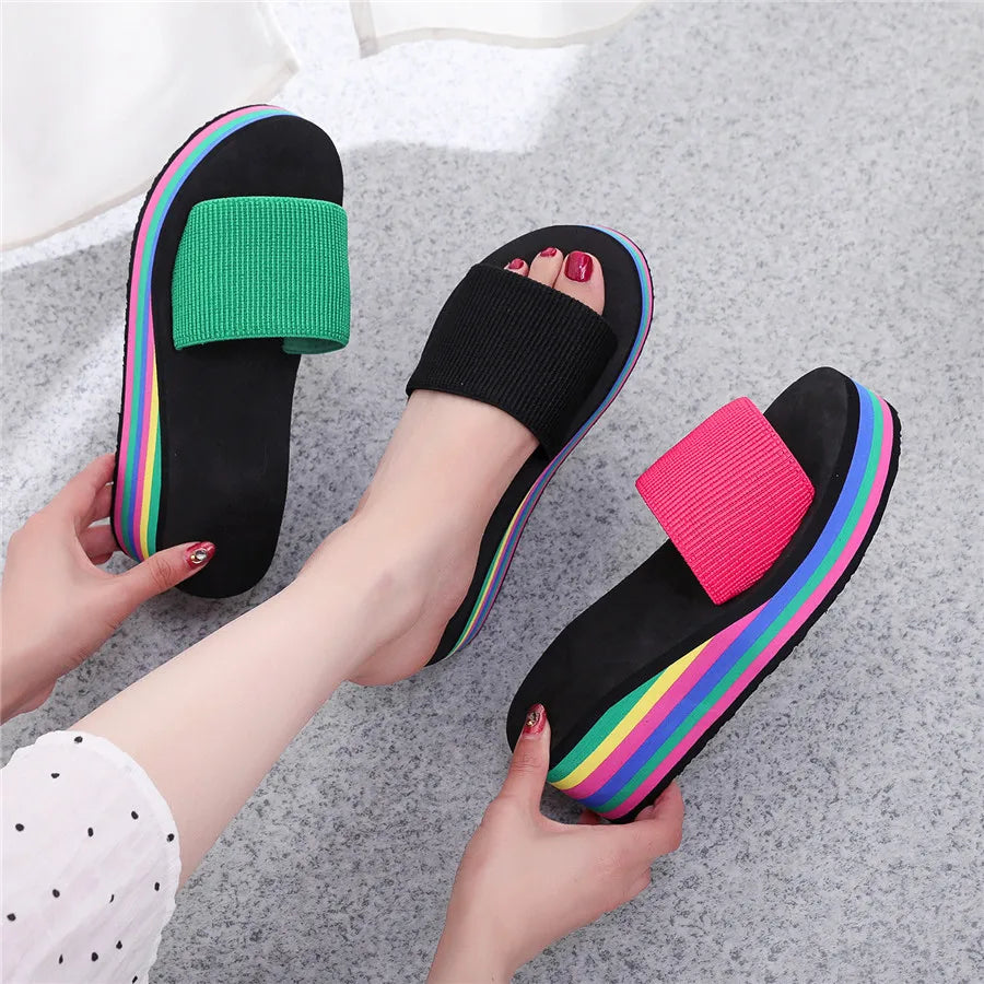 Women's Rainbow Bohemian Wedge Flip Flops | Non-Slip Beach Sandals