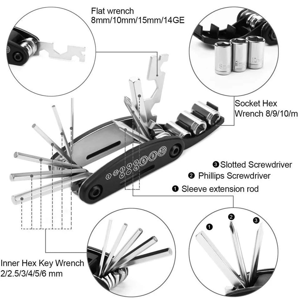 Bike Tire Repair Tool Kit 16-in-1 Bike Multitool hexagonal wrench Portable Socket Screwdriver Used for Road Mountain Bike Peaceful Pleasures Health and Wellness