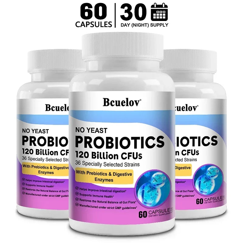 Probiotics 120 Billion CFU 36 Strains Contains Prebiotics and Digestive Enzymes for Digestion and Immune Support Vegan, Non-GMO Peaceful Pleasures Health and Wellness 60 count-3 bottle