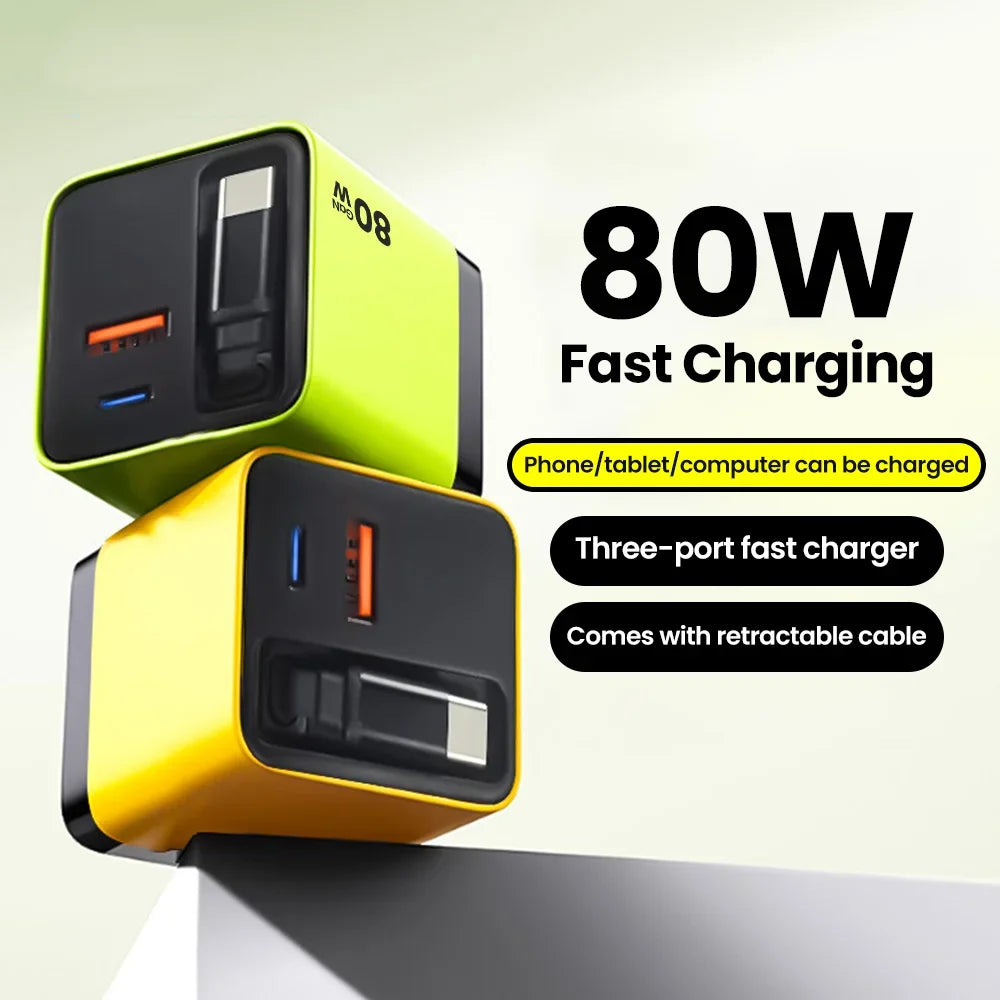 80W Fast Charger | Retractable USB-C Cable, 3-Port Wall Charger