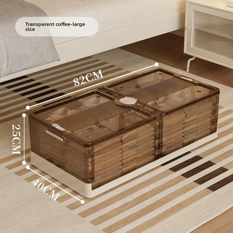 Under Bed Storage Box Foldable Plastic Transparent Extra Large with Wheels Dustproof Toy Clothes Blanket Organizer Peaceful Pleasures Health and Wellness L Coffee