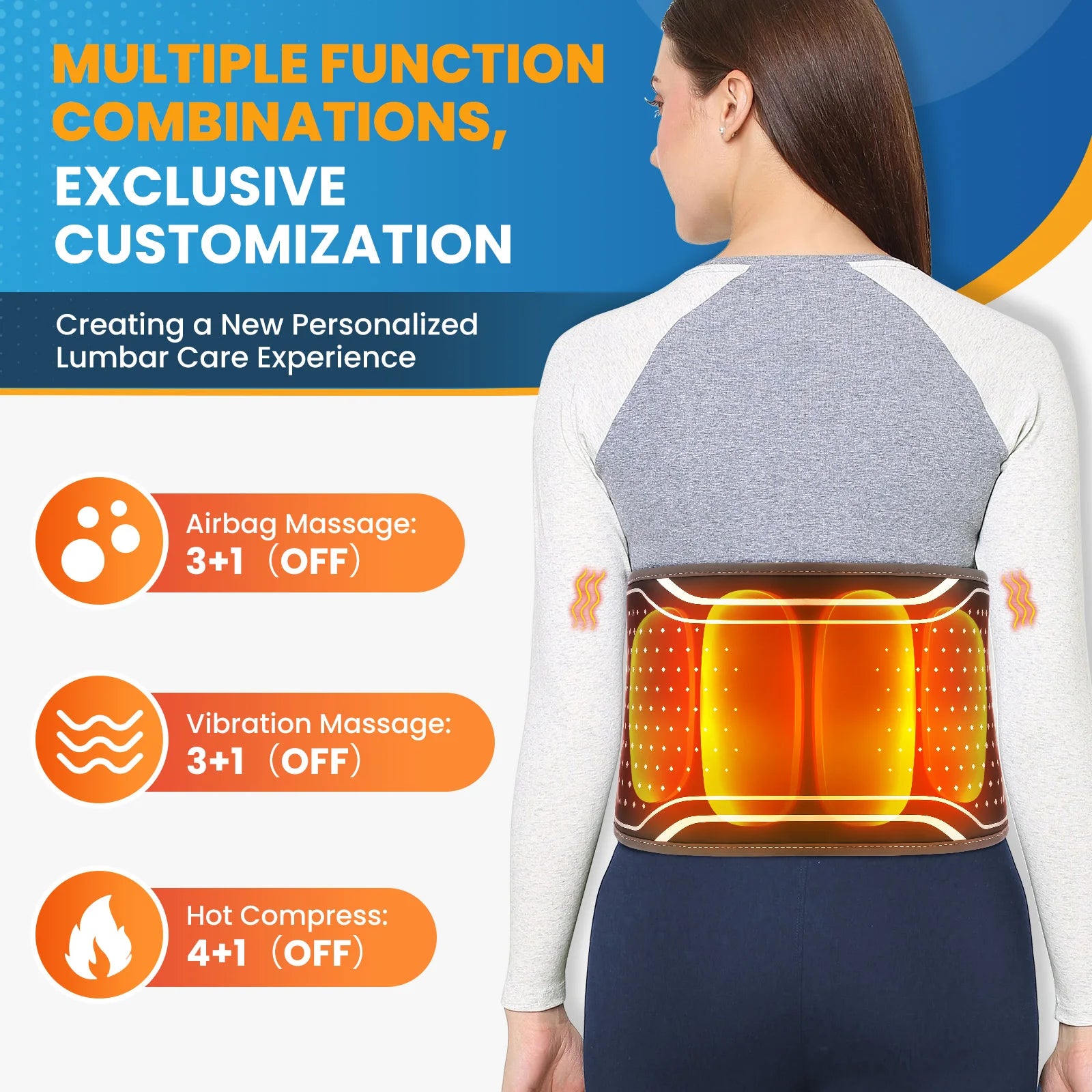 120cm Air Bladder Squeeze Waist Massager Vibration Airbag Heating Pad Release Lumbar Pressure Spinal Brace Support Belt Type-C Peaceful Pleasures Health and Wellness
