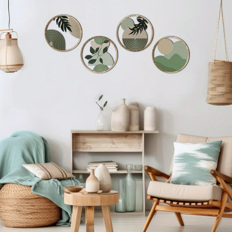 4 Bohemian Wall Art Set - Wooden Bohemian Decor，Geometric Hanging Artwork，Suitable for baby room，Farmhouse Aesthetic Minimalist Peaceful Pleasures Health and Wellness