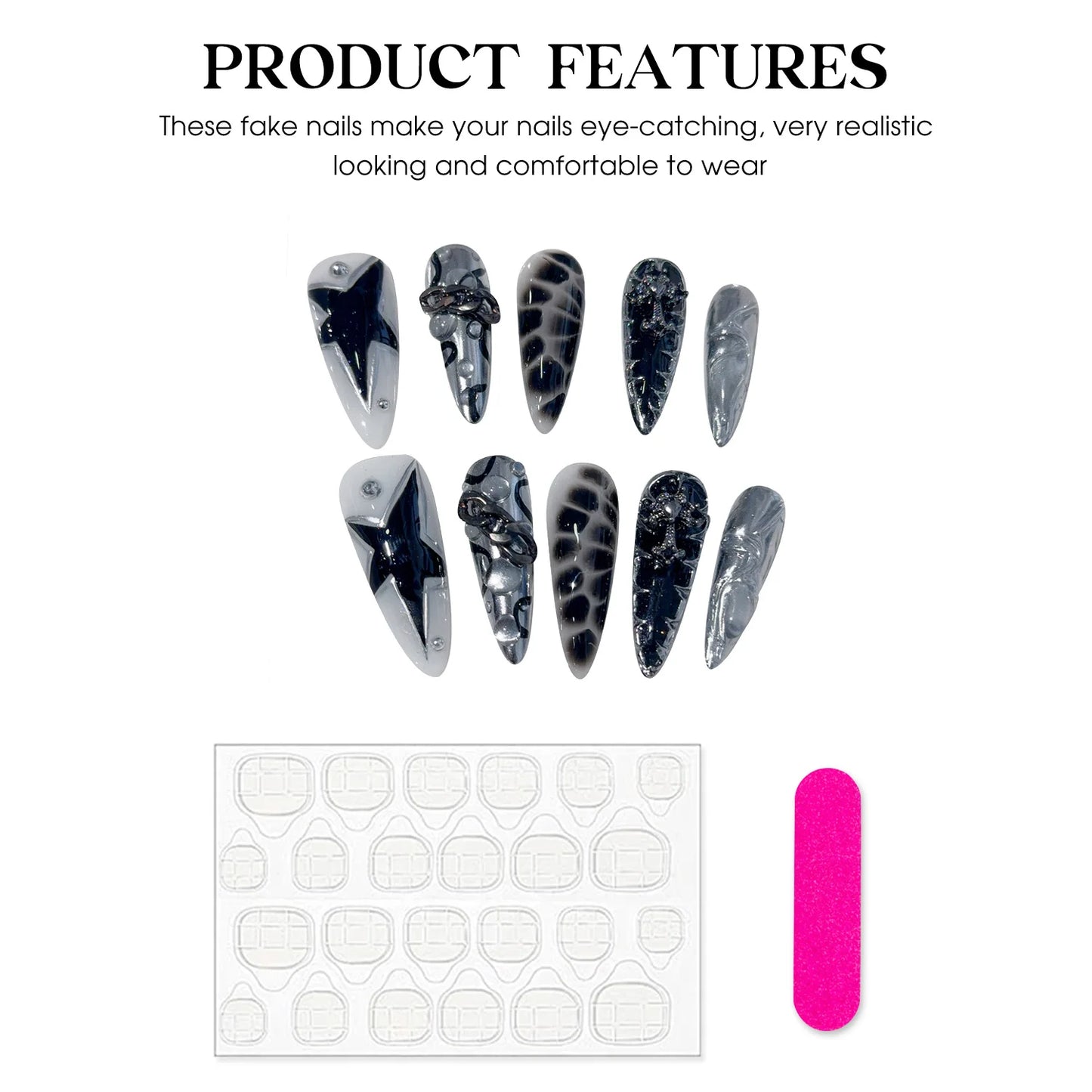 Handmade Press on Nails Punk Cool Black Star Crocodile pattern False Nails Heavy Metal European Black Almond Fake Nail Patches Peaceful Pleasures Health and Wellness