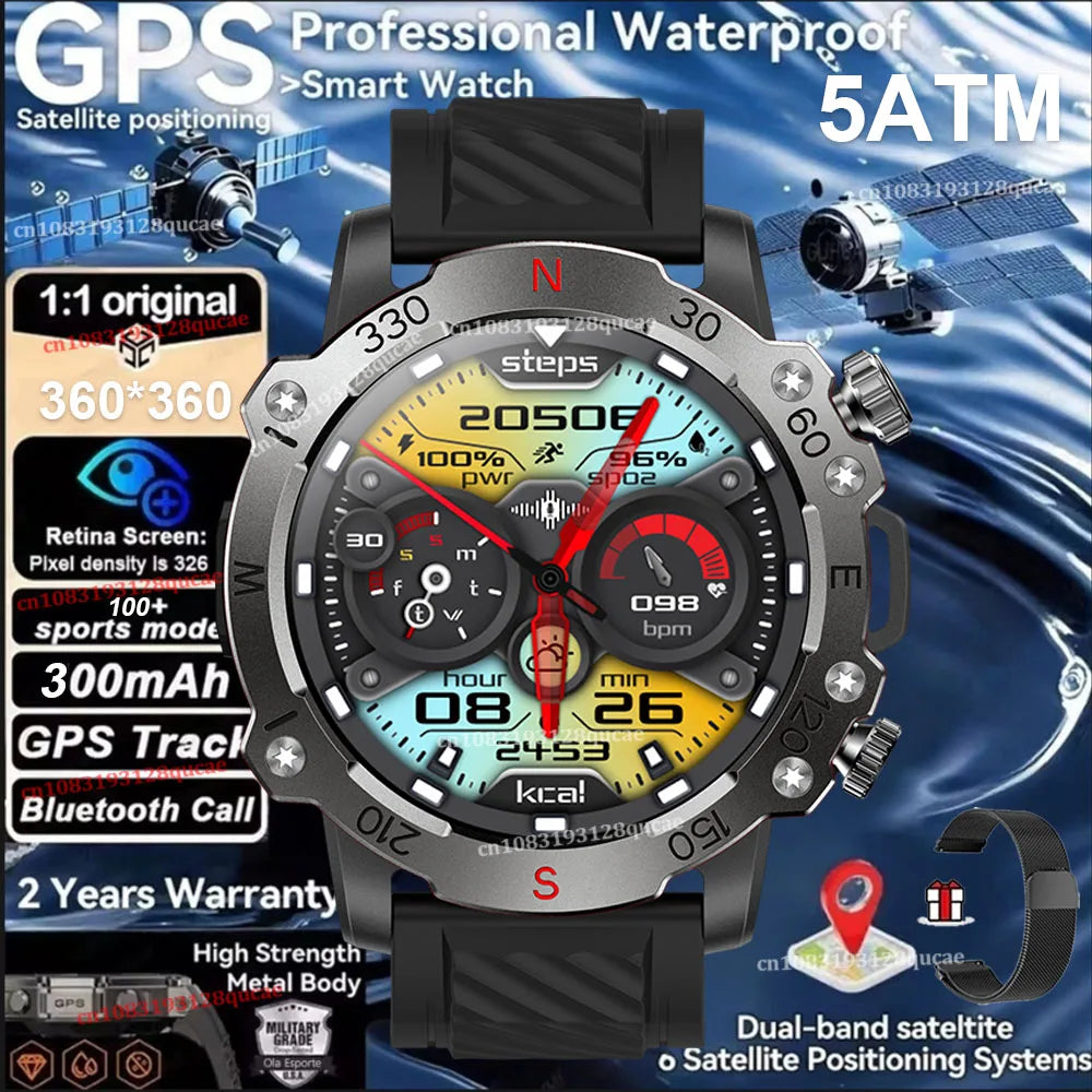 New Dual-Band GPS Military Smart Watch 5ATM Water-Resistant 300mAh Battery Compass GPS Sport SmartWatch Men For Android IOS 2025 Peaceful Pleasures Health and Wellness Black Milan