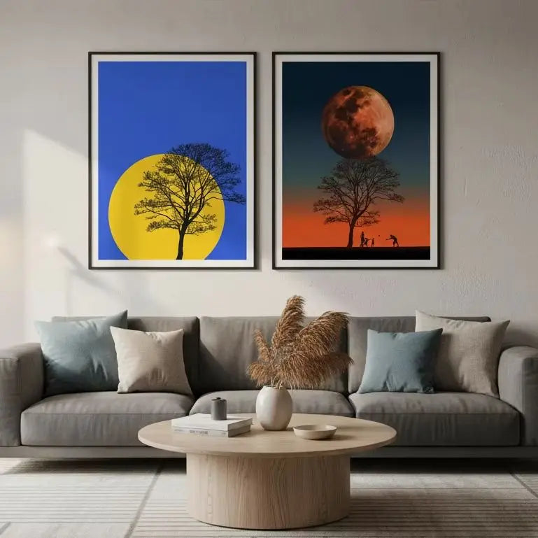 Abstract Wall Art Landscape Tree Sun Moon Silhouette Canvas Painting Modern Style Poster Prints for Living Room Wall Decor Peaceful Pleasures Health and Wellness