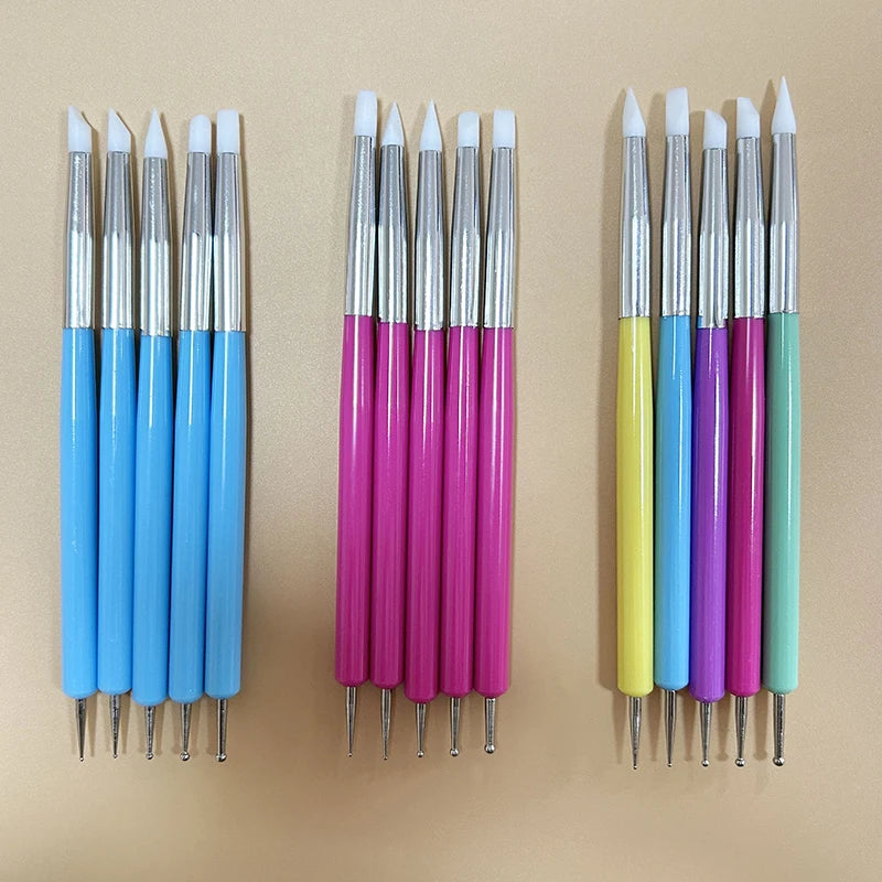5Pcs 2 Way Nail Art Acrylic Silicone Point Flower Nail Pen Stainless Steel Dotting Tools Marbleizing Painting Pens Peaceful Pleasures Health and Wellness