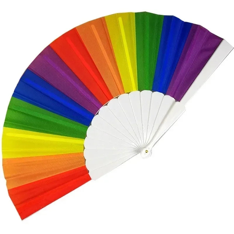 Plastic Hand Crank Fan Foldable Oriental Rainbow Silk Fabric Pocket