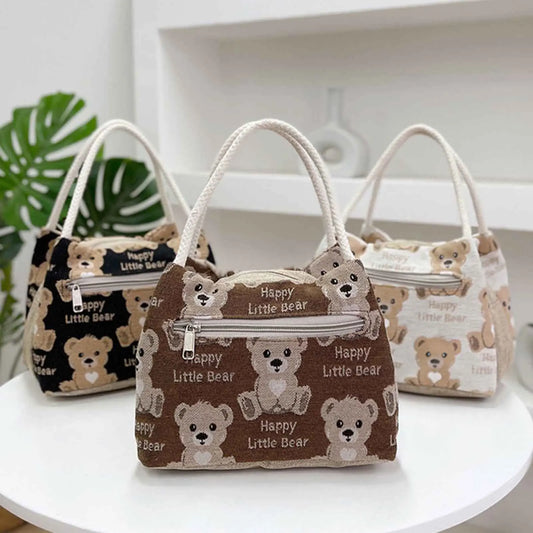 Cute Bear Pattern Lunch Tote Pouch Portable Large Capacity Storage Bag for Outdoor Picnic Hiking Camping Peaceful Pleasures Health and Wellness
