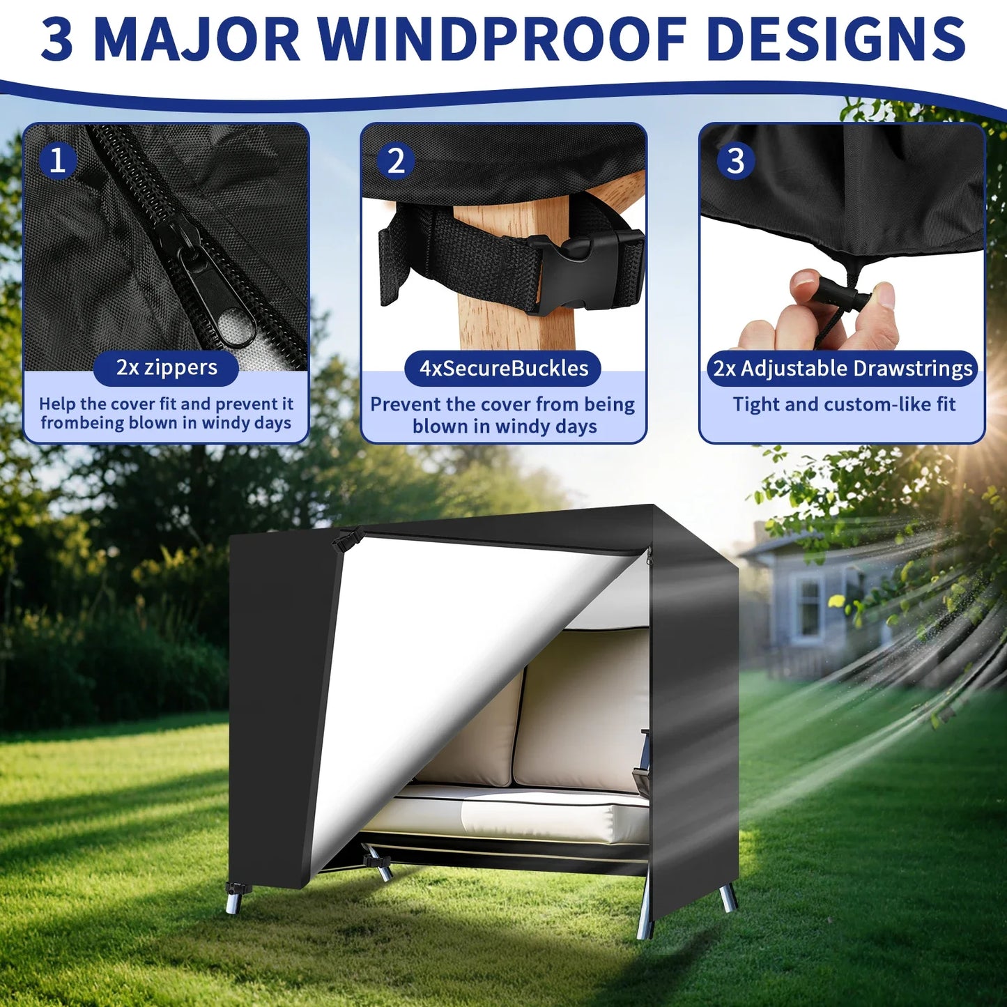Outdoor 2/3 Seater Swing Chair Covers Waterproof Heavy Duty 210D Oxford Fabric Hammock Covers Patio Sun Shade Protector Peaceful Pleasures Health and Wellness