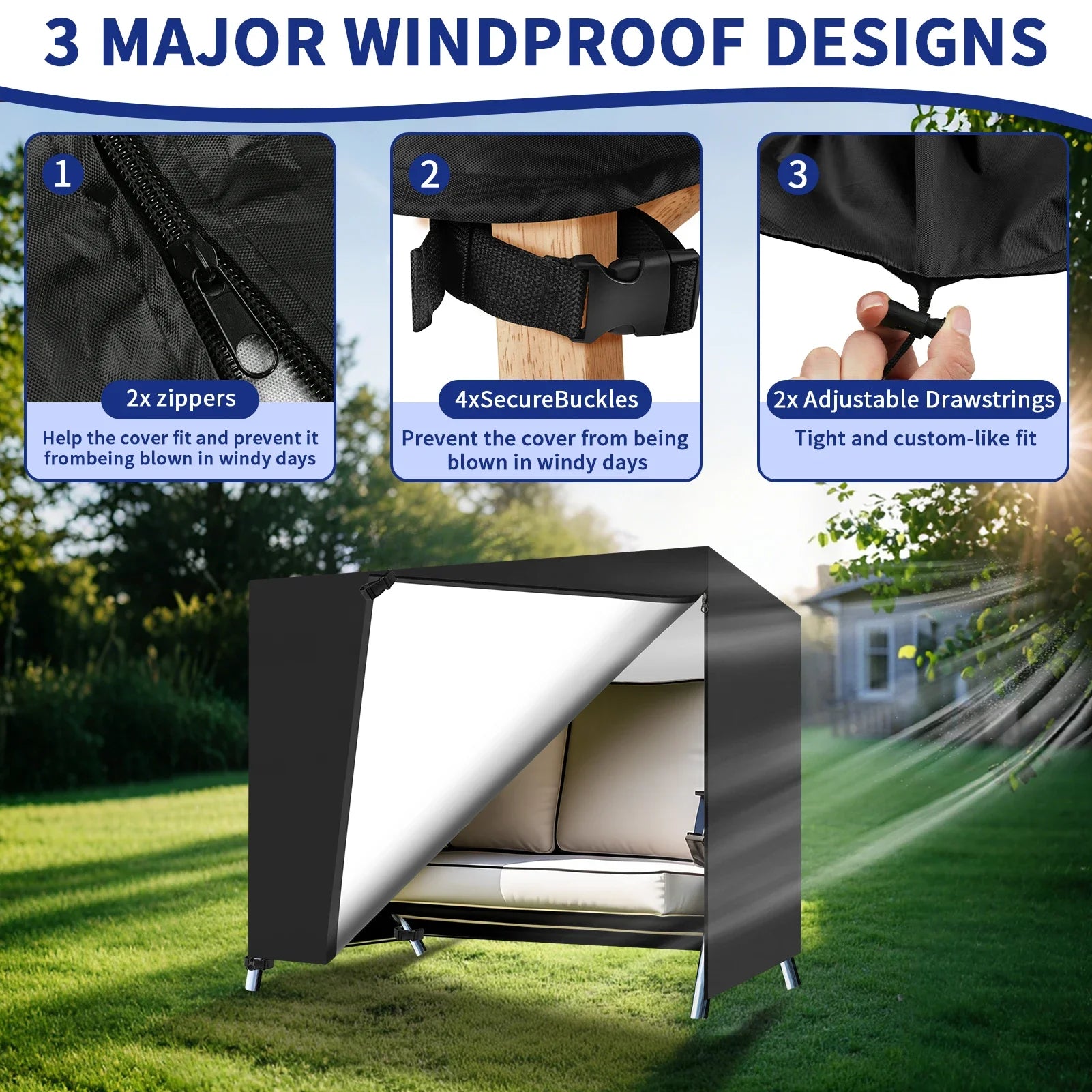 Outdoor 2/3 Seater Swing Chair Covers Waterproof Heavy Duty 210D Oxford Fabric Hammock Covers Patio Sun Shade Protector Peaceful Pleasures Health and Wellness