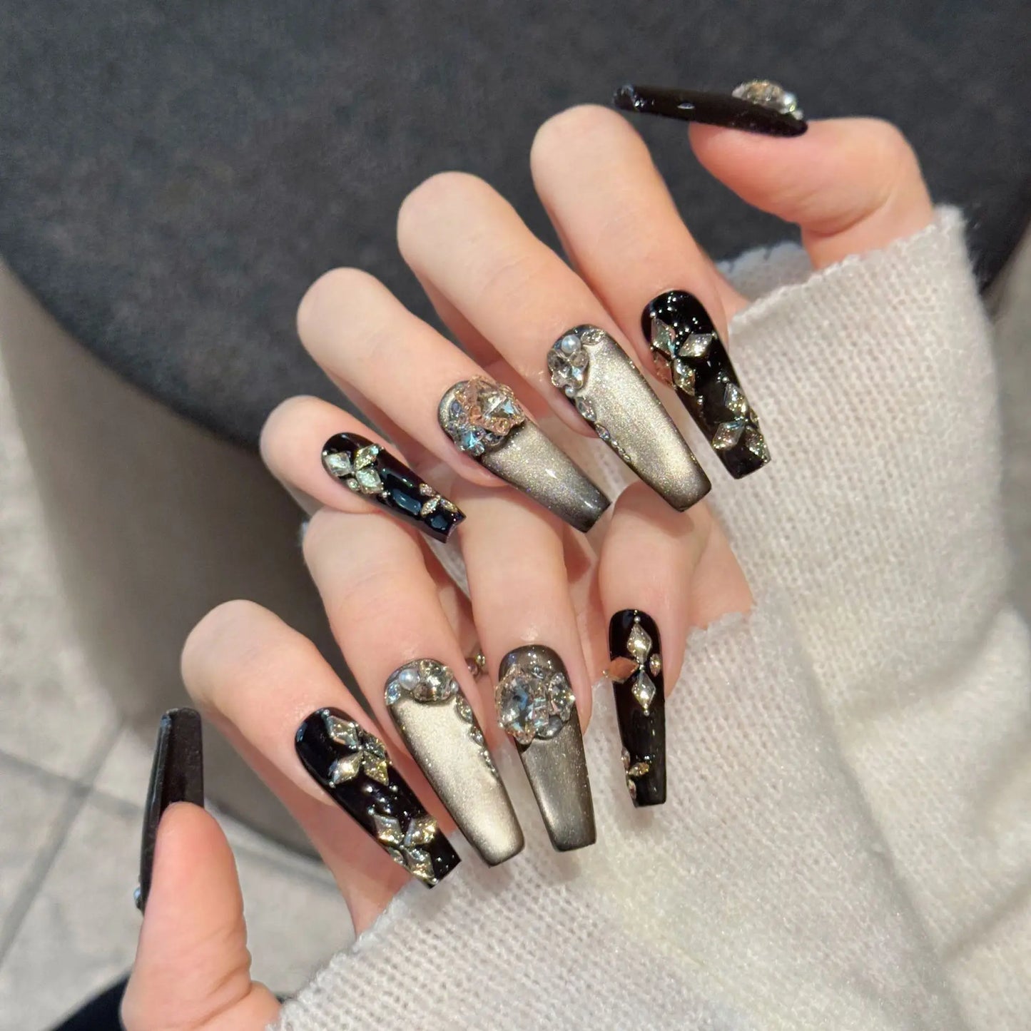 10pcs Handmade Press On Nails Retro Maillard Fake Nails Wearable Light Luxury Diamond Decor Flash Gold Cat's Eye False Nails Tip Peaceful Pleasures Health and Wellness