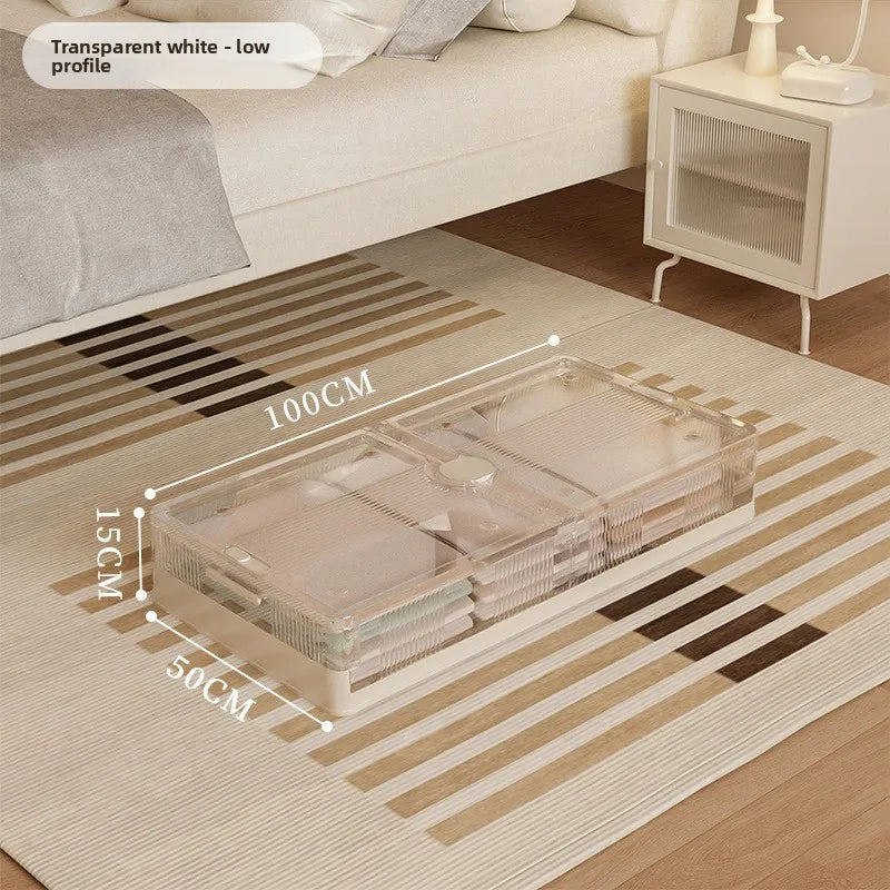 Under Bed Storage Box Foldable Plastic Transparent Extra Large with Wheels Dustproof Toy Clothes Blanket Organizer Peaceful Pleasures Health and Wellness Long S White