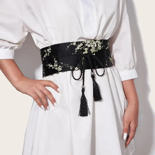 Vintage Floral Embroidered Wrap Belt | Chinese Style Tassel Embroidered Waist Belt Oasis Select