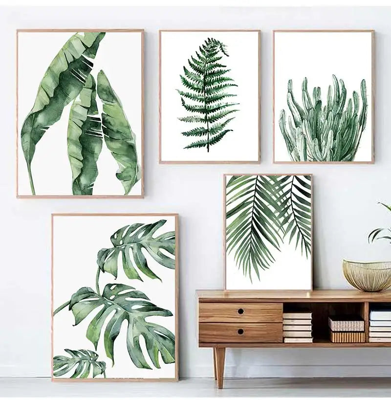 Nordic Tropical Plants Canvas Wall Art | Green Leaves Poster