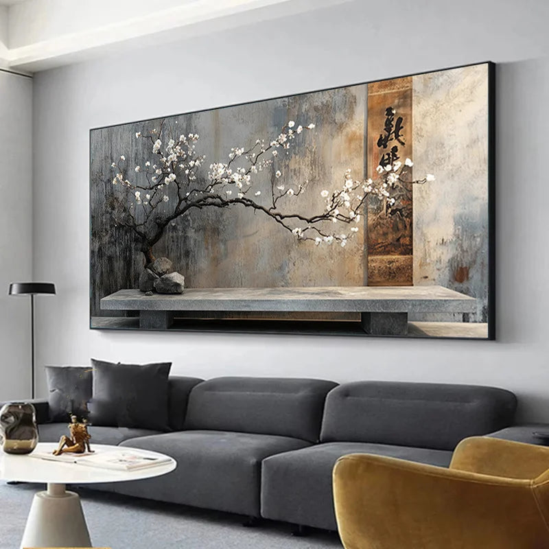 Large Frameless Abstract Canvas Art Vintage Stone Terrace & Flower Branch Print, Wall Decor for Living Room, Bedroom Wall Art Peaceful Pleasures Health and Wellness ZLH4822 30x60cm No Frame