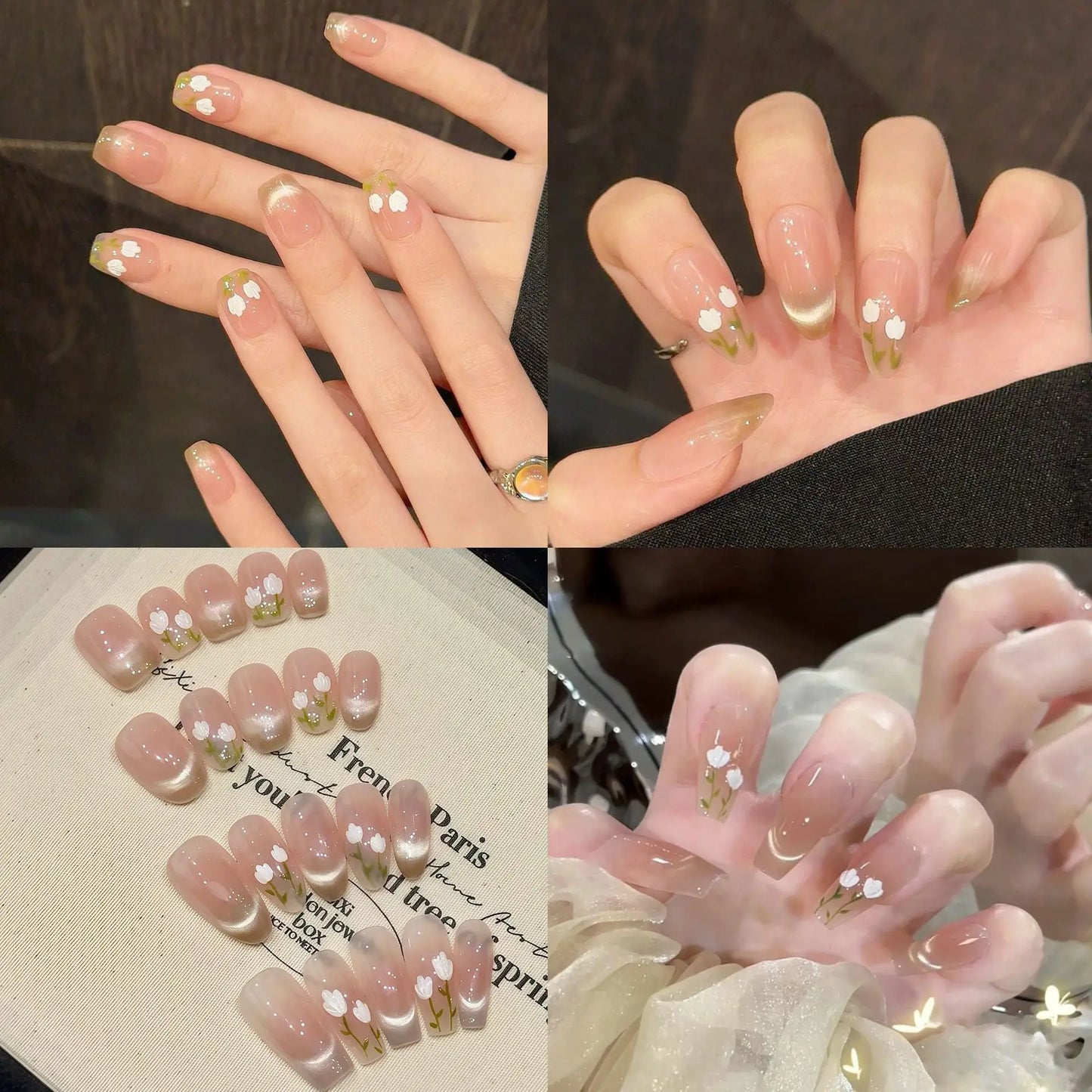 Korean Cat Eye Press On Nails – French Nude Tulip 10pcs