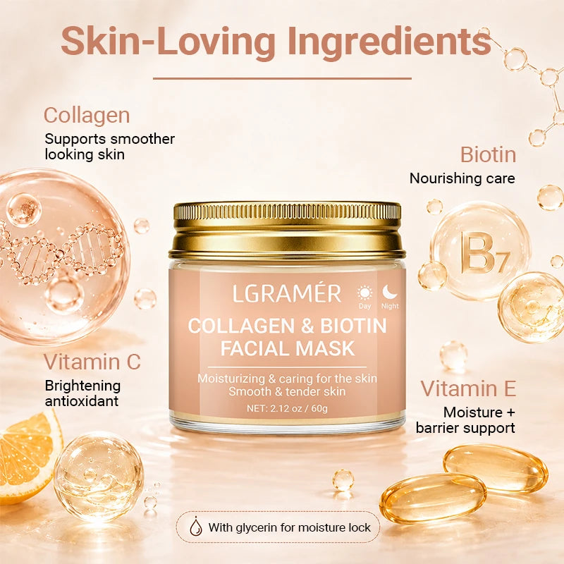 Collagen & Biotin Day Night Mask, Intense Moisturizing Hydration, Smooth Rough Skin, Make Skin Tender Soft & Glowing Facial Care Peaceful Pleasures Health and Wellness