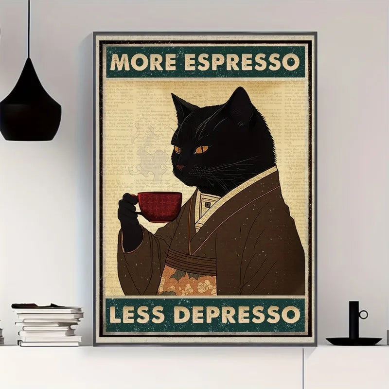 1pc Unframed Vintage Black Cat Espresso Print Canvas Poster, Canvas Wall Art, Artwork Wall Painting Home and Dormitory Decor Peaceful Pleasures Health and Wellness