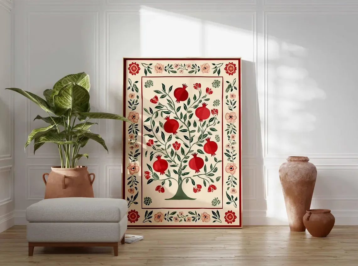 Pomegranate Tree Canvas Wall Art | Botanical Folk Art Print