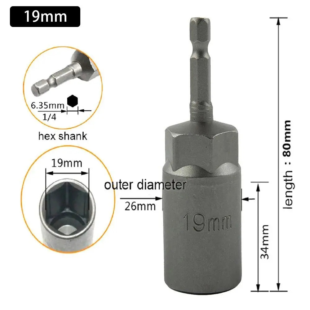 Magnetic Hex Nut Driver Bit Adapter 1/4" Shank 5.5–19mm 80mm