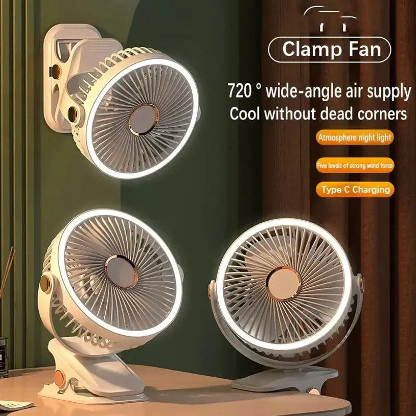 8000mAh Rechargeable Camping Fan with LED Light & Clip-On