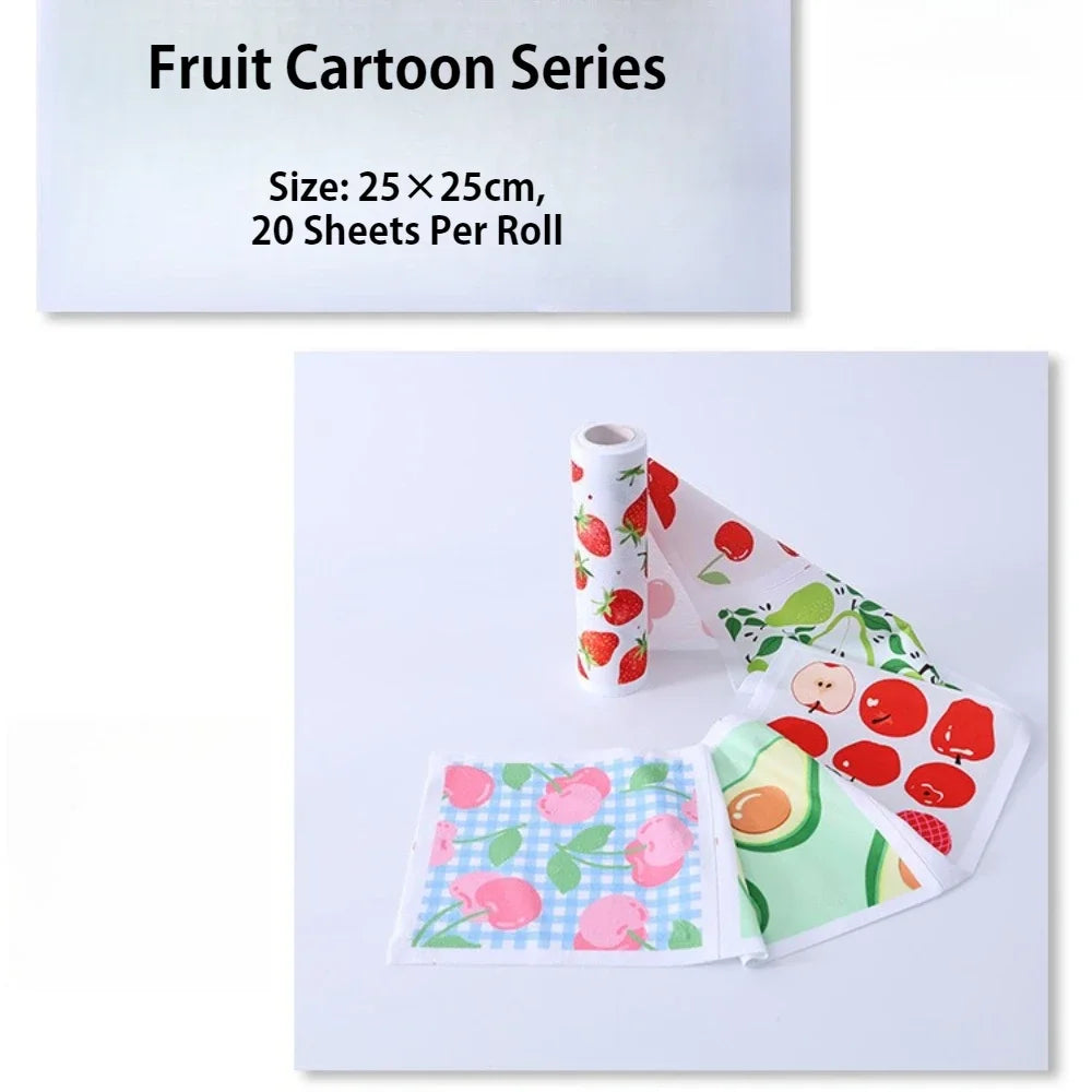 20PCS Disposable Tearable Cleaning Towel RollMultipurpose Lazy CleaningCloths Kitchen DishWipes Wet DryUse for Home Cleaning Peaceful Pleasures Health and Wellness Fruit Cartoon