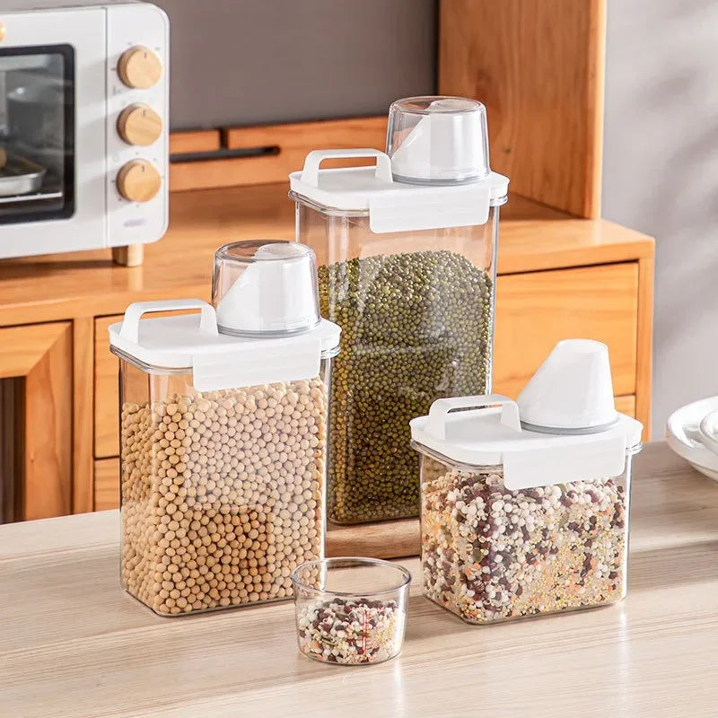 Airtight Transparent Rice & Grain Storage Bucket with Measuring Cup | Insect-Proof, Moisture-Proof, 1–2L