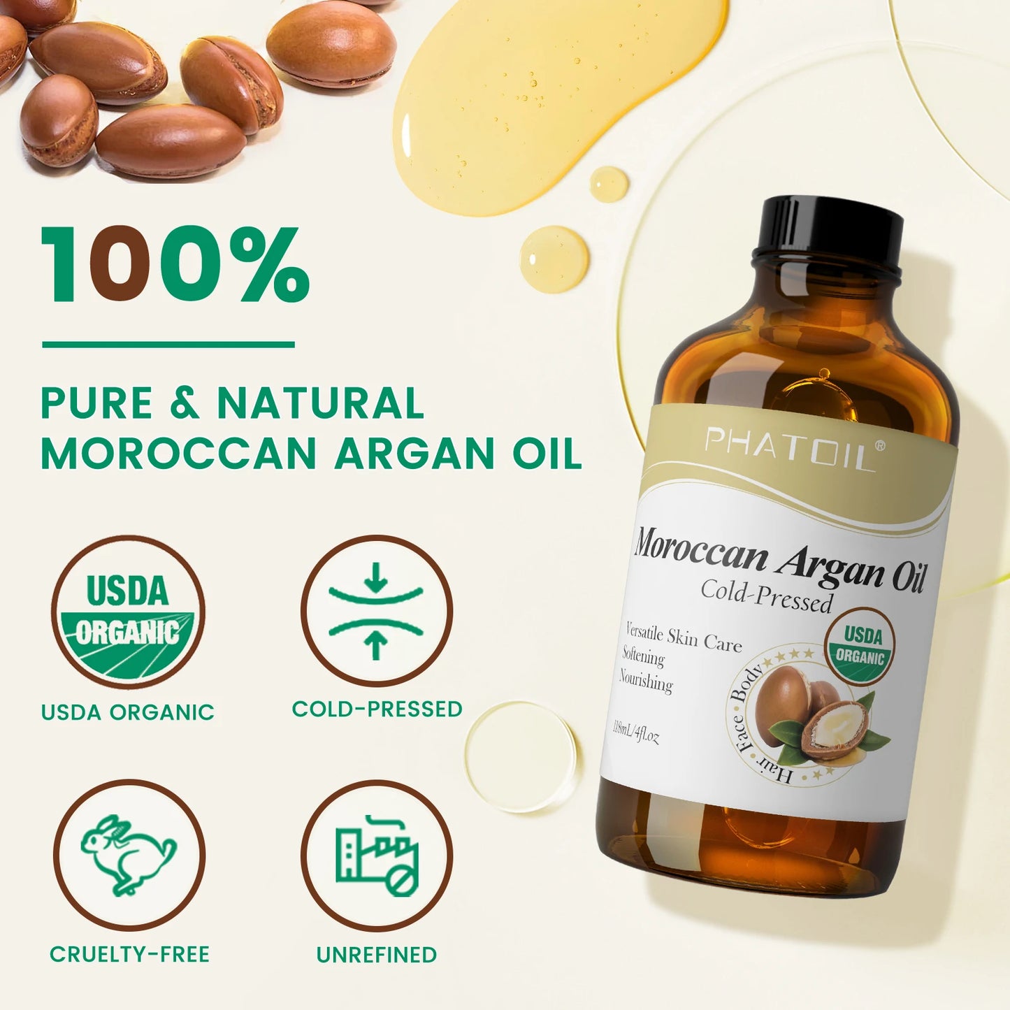 PHATOIL 118ml Organic Face Oil Natural Cold Pressed USDA Carrier Oils- Castor Oil,Jojoba,Moroccan Argan Oil,Rosehip Seed Oil Peaceful Pleasures Health and Wellness