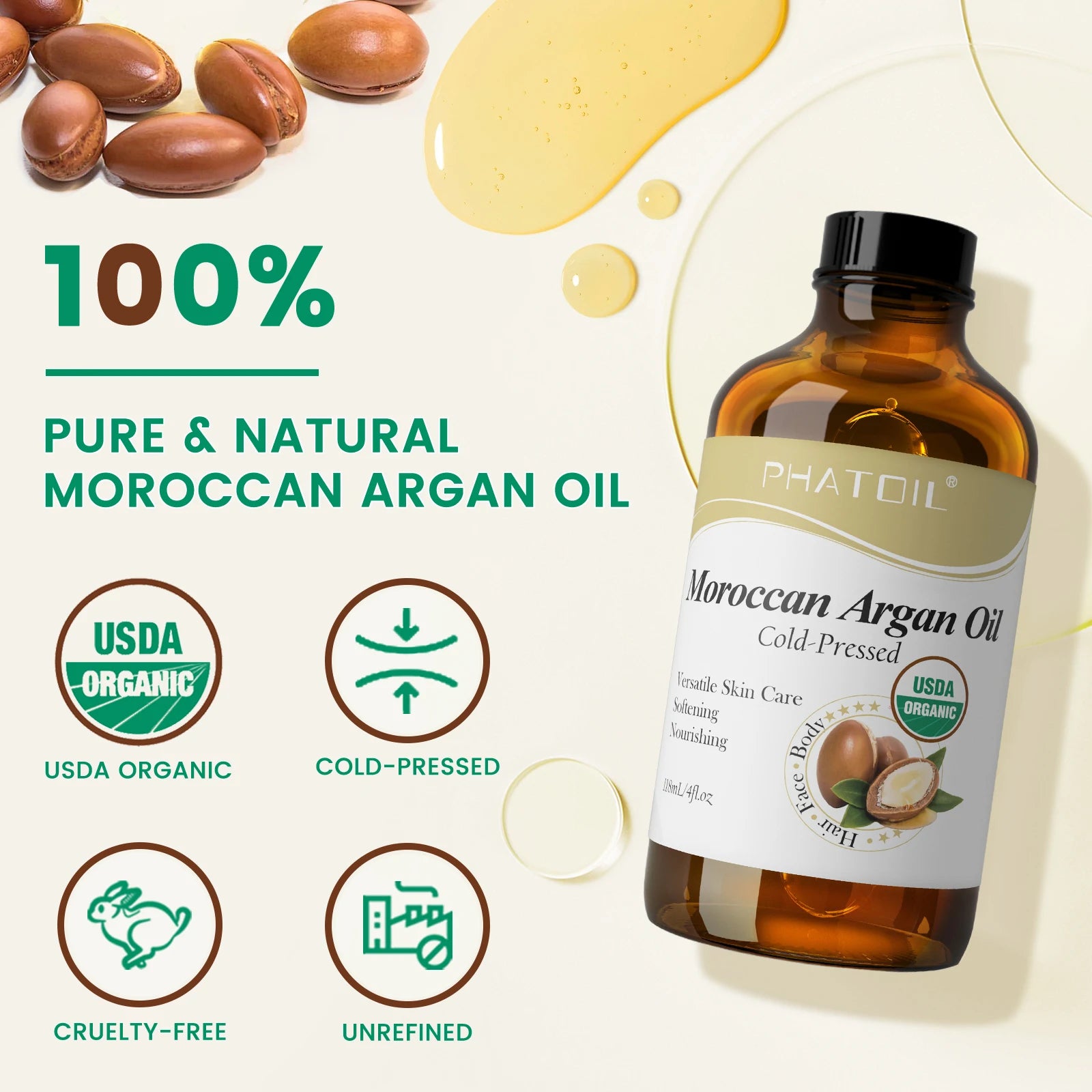 PHATOIL 118ml Organic Face Oil Natural Cold Pressed USDA Carrier Oils- Castor Oil,Jojoba,Moroccan Argan Oil,Rosehip Seed Oil Peaceful Pleasures Health and Wellness