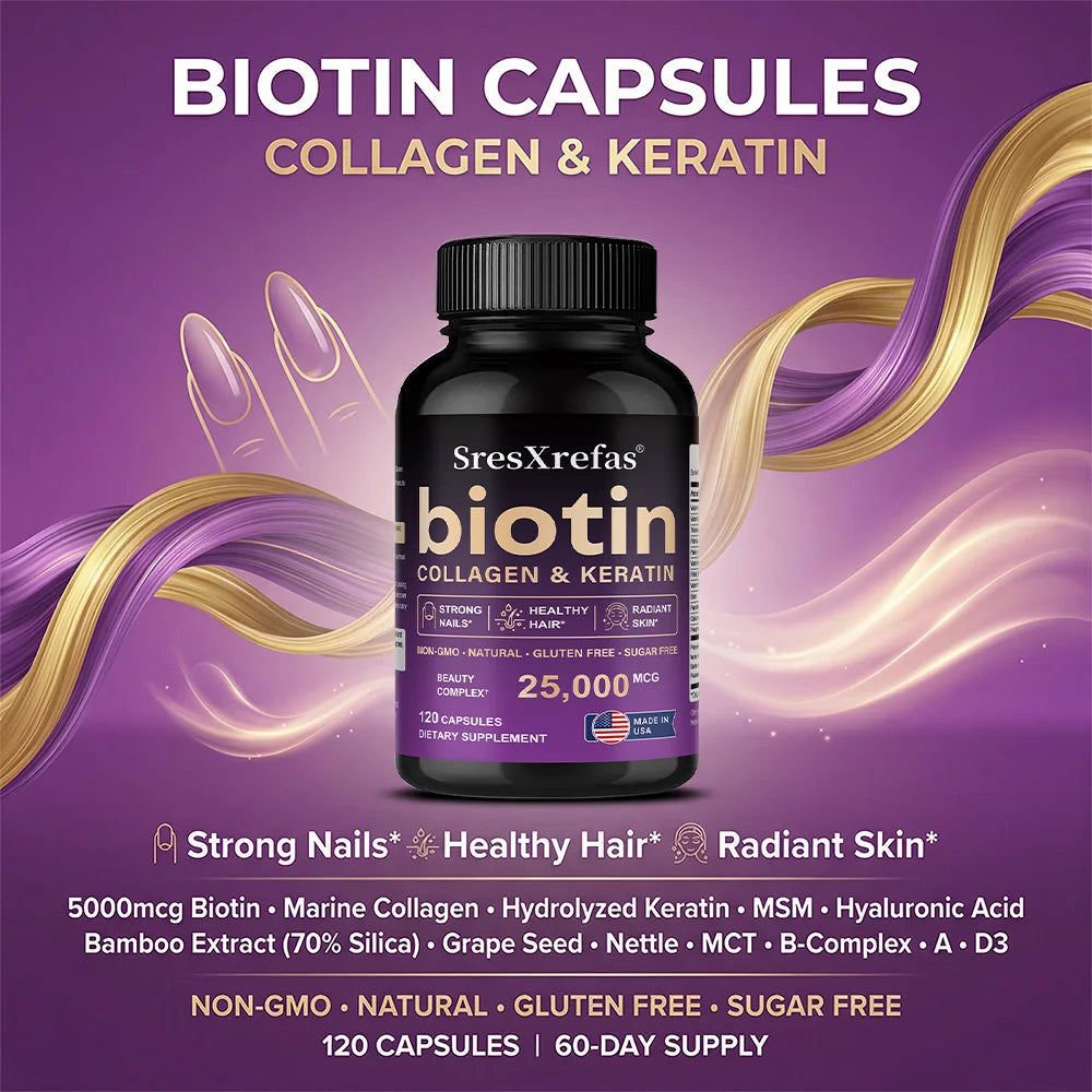 25000mcg Biotin Capsules | Collagen, Keratin & Hyaluronic Acid