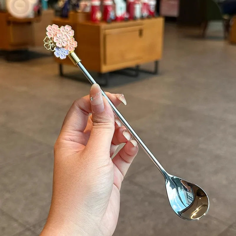 Hot 1Pc Stainless Steel Cherry Blossom Spoon Fork Coffee Spoon Kitchen Star Long Handle Stirring Spoons Kitchen Coffee Tableware Peaceful Pleasures Health and Wellness