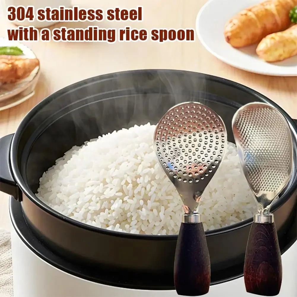 304 Stainless Steel Rice Spoon Vertical Wooden Handle Rice Shovel Household Kitchen Spoon Rice Spoon Practical Kitchen Tools New Peaceful Pleasures Health and Wellness