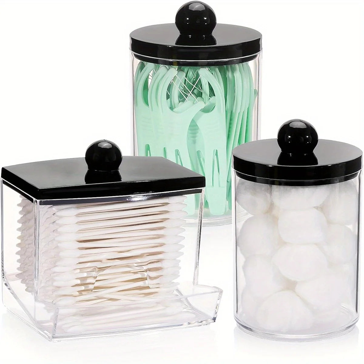 Apothecary Jars with Black Lids – 3 Pack Qtip Holder & Bathroom Storage Containers