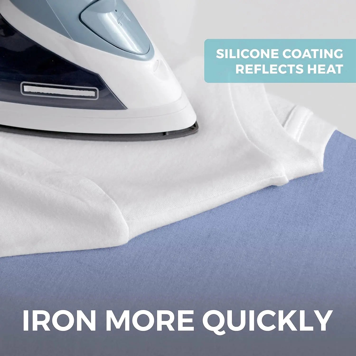 Ironing board with iron and text about silicone coating