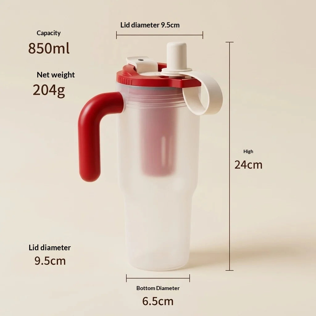 Portable Sport Drinking Bottle Transparent Plastic Water Cup with Straw&Strainer Travel Large Capacity Heat-resistant Tumbler Peaceful Pleasures Health and Wellness 850ml cherry red