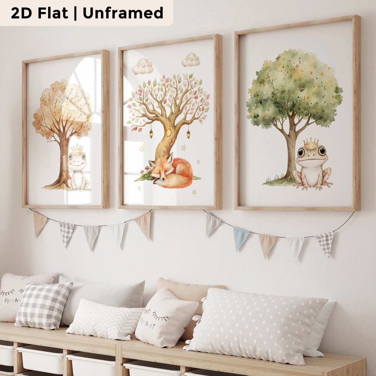3-Piece Cartoon Frog & Fox Canvas Wall Art | Kids Room Decor