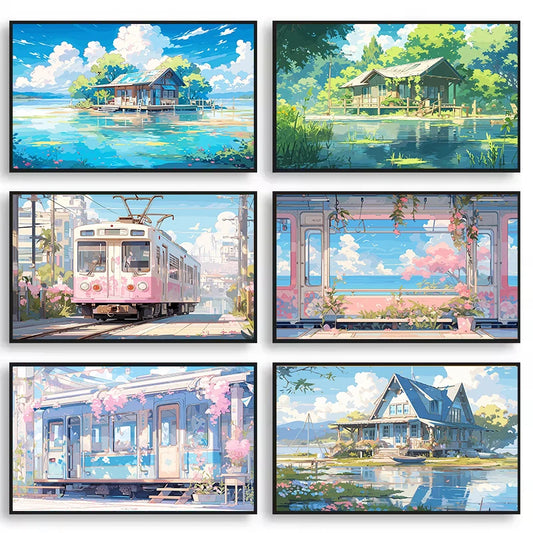 Aestheticism Anime Scenes Posters Sakura Tram Train Ocean View Landscape Prints Canvas Painting Wall Art Picture for Home Decor Peaceful Pleasures Health and Wellness