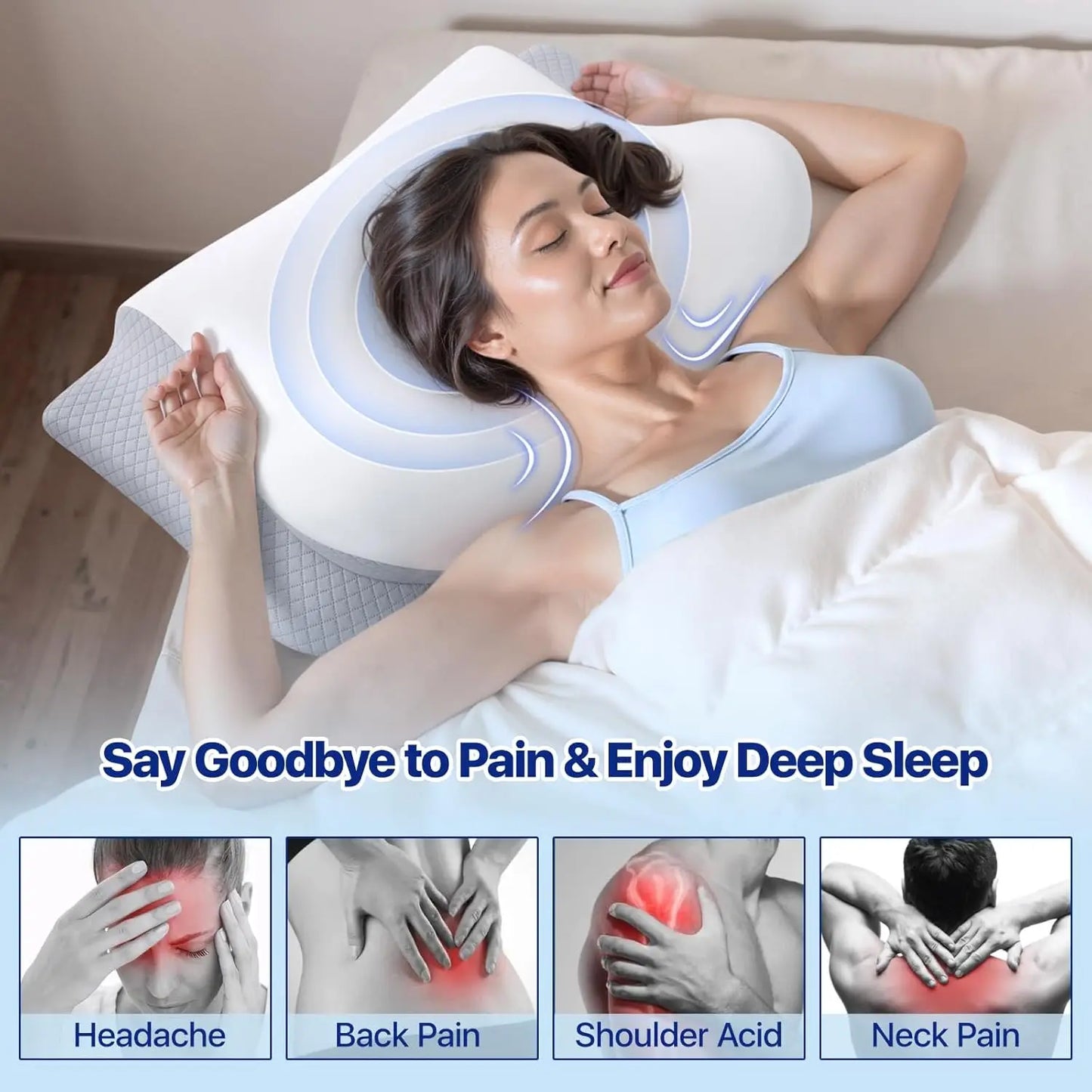 Woman lying on a bed with a neck pillow,缓解疼痛并享受深度睡眠