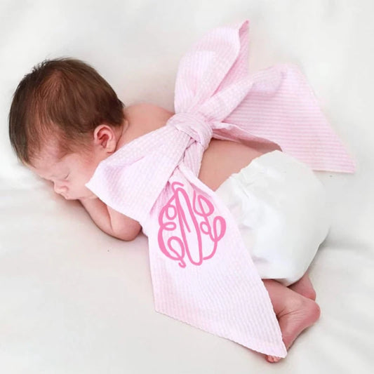 Personalized Seersucker Bow Sash Baby Blanket | Shower Gift Personalized Baby Blanket Peaceful Pleasures Health and Wellness