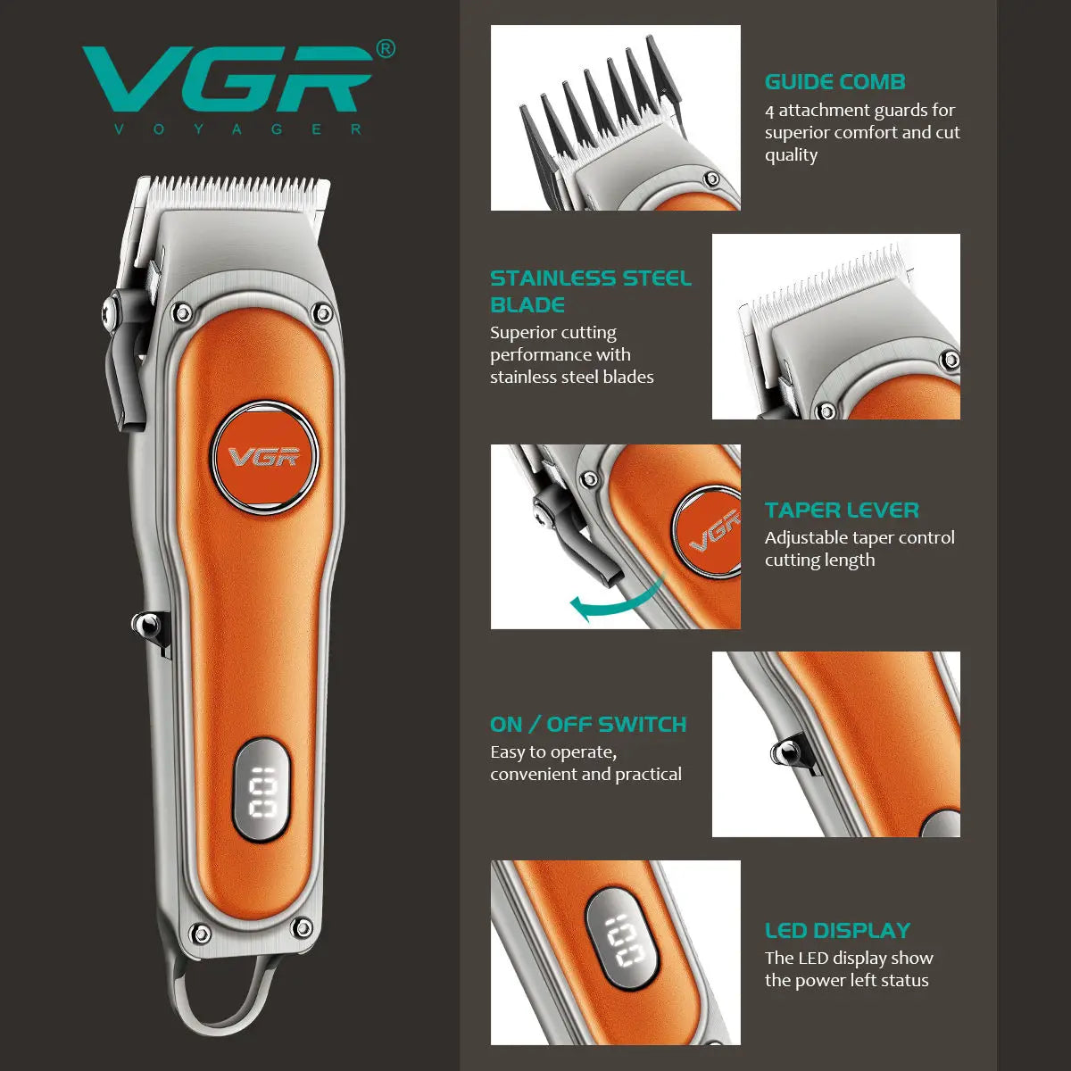 VGR 673 Hair Clipper Professional Clipper Hair Trimmer Vintage Haircutting Machine LED Display Electric Barber Trimmer for Men Peaceful Pleasures Health and Wellness