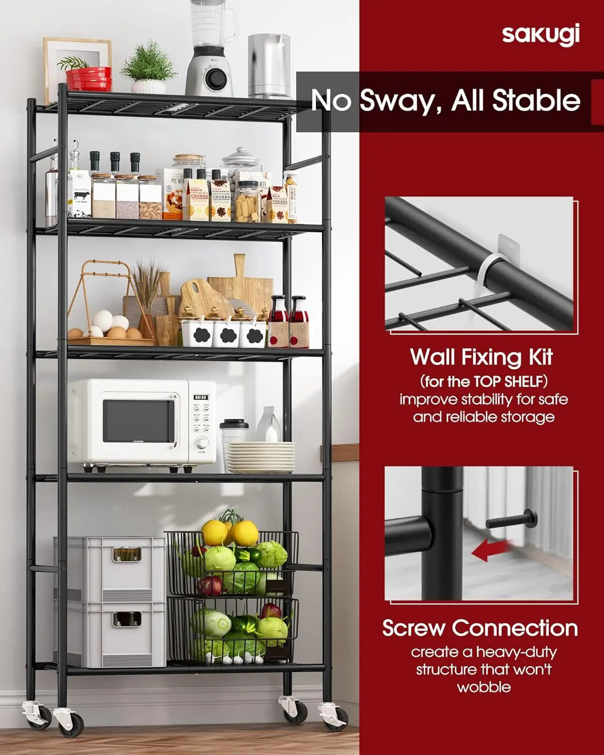 Multi-tiered metal shelving unit with various items on shelves, featuring sakugi branding and product features.