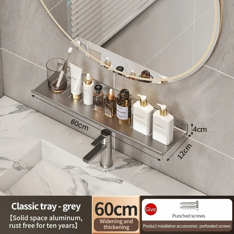 Wall-Mount Aluminum Bathroom Storage Rack & Faucet Tray